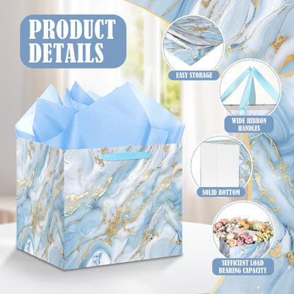 Woosytoo 12 Inch Extra Large Gift Bags - Blue Gold Marble Square Gift Bag with Handles Jumbo Wedding Gift Bags Giant Wrapping Paper Bag for Birthday Christmas Engagement Bridal Shower Party Favors