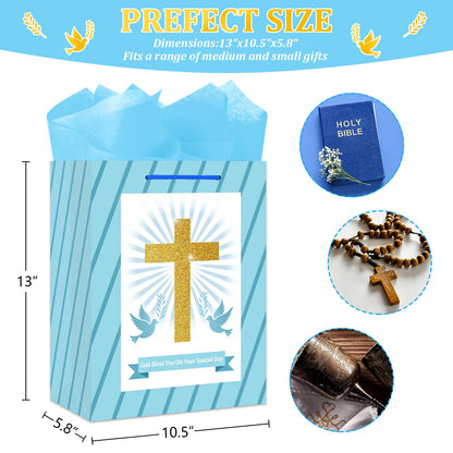 BIZIBAFF First Communion Gifts Bag for Boys Girls - 13" Baptism Gifts Bag with Tissue Paper Easter Religious Christian Gift Bag Christenings Confirmations Gifts for Baby Boys Girls