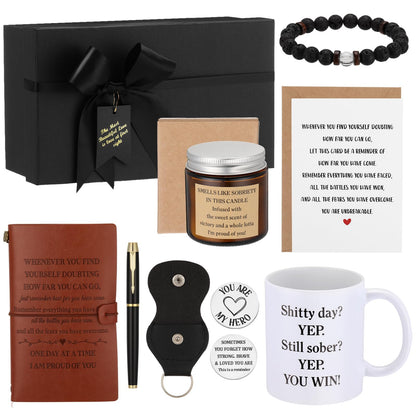 Pinkunn 7 Pcs Sobriety Gifts Set for Men Women Addiction Recovery Gifts Include Sober Mug Candle Beaded Bracelets Leather Notebook with Pen Wish Card with Envelope Gift Box for Aa Alcoholics