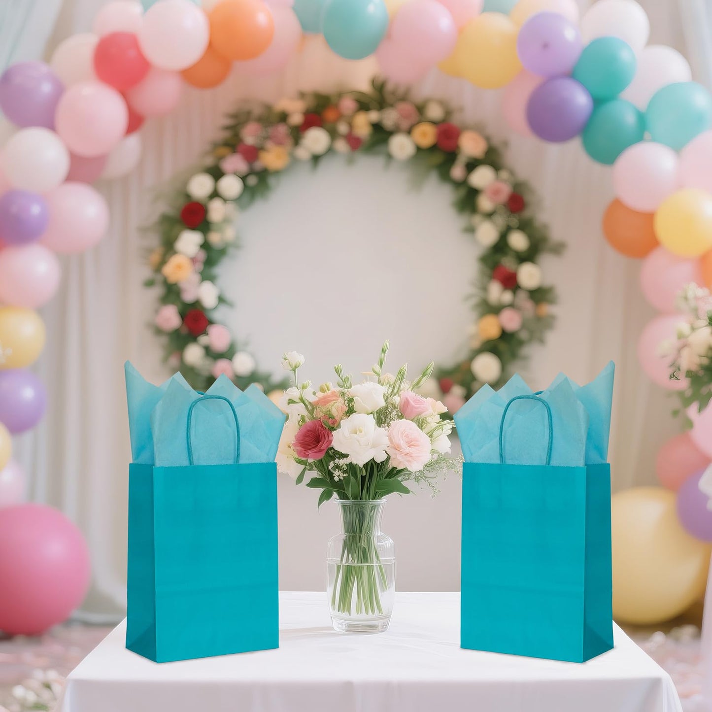 AZOWA Teal Gift Bags with Tissue Paper Small Teal Kraft Paper Bags with Handles (8.3 x 5.1 x 3.1 in, 20 Pcs)