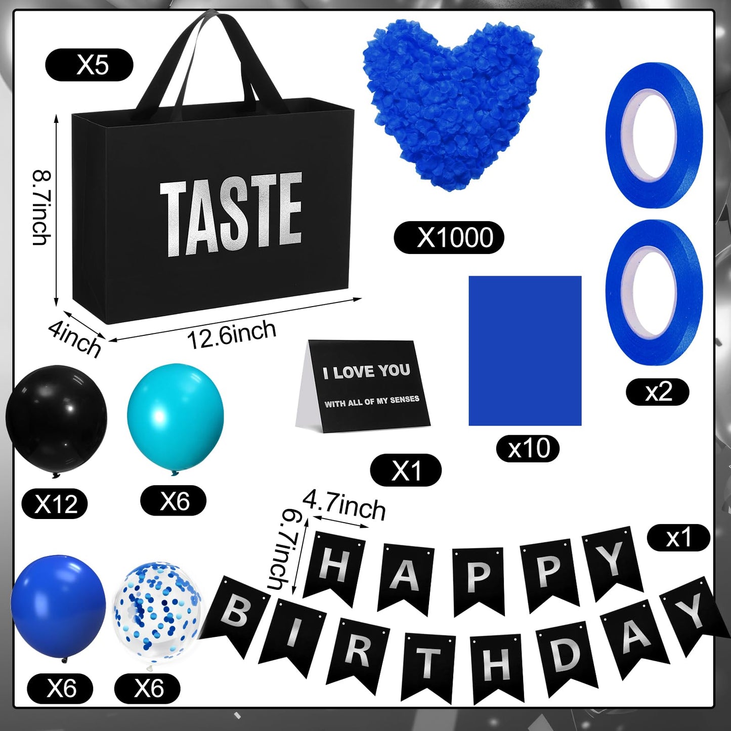 Soulchen 5 Senses Gift Bags for Him Her with Labels, Five Senses Gift Birthday Party Decoration Tissue Paper Handles, Comes with Rose Petals Banner Balloons for Party(Birthday,Blue Black)