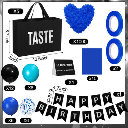 Soulchen 5 Senses Gift Bags for Him Her with Labels, Five Senses Gift Birthday Party Decoration Tissue Paper Handles, Comes with Rose Petals Banner Balloons for Party(Birthday,Blue Black)