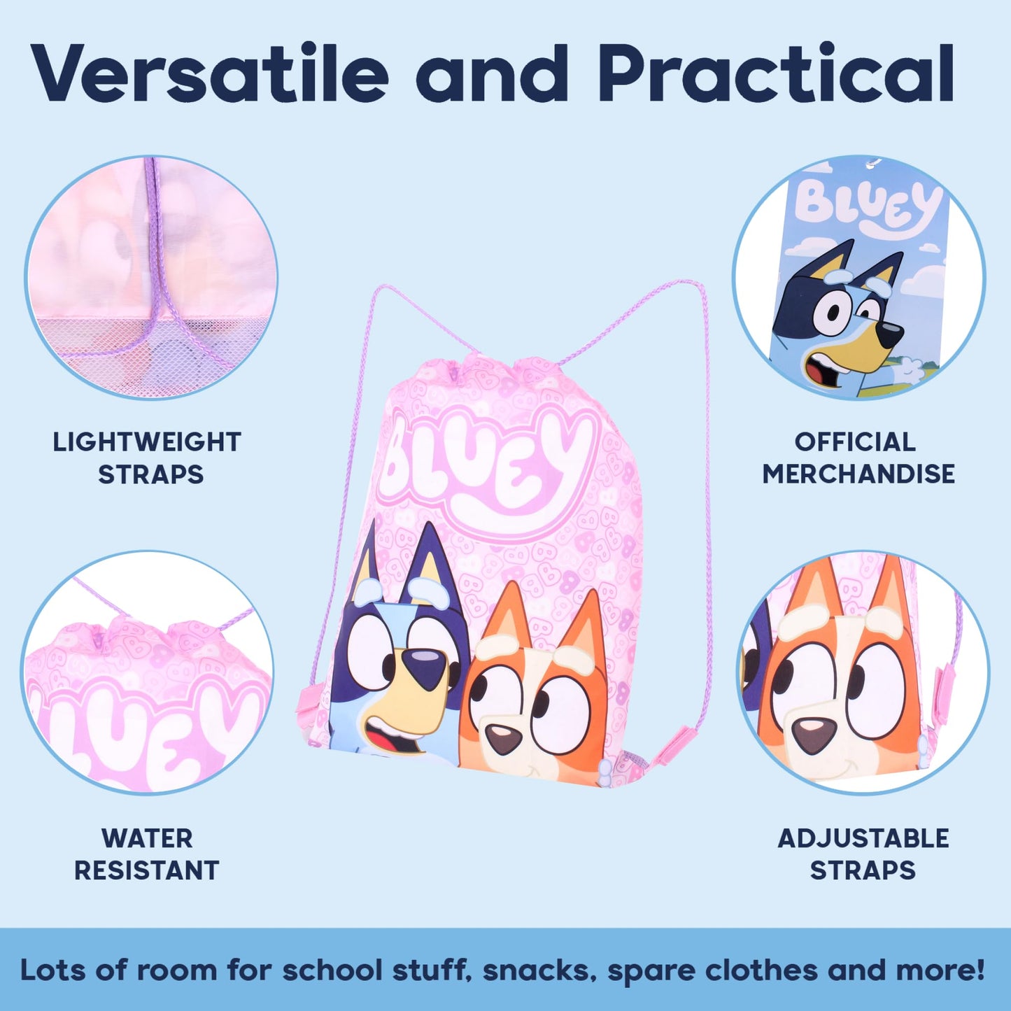 Bluey Girls Drawstring Bag – Pink Gym Sack Backpack Bingo – Kids School, Dance, Swimming, PE, or Sleepover Bag.