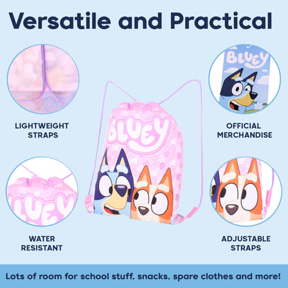Bluey Girls Drawstring Bag – Pink Gym Sack Backpack Bingo – Kids School, Dance, Swimming, PE, or Sleepover Bag.