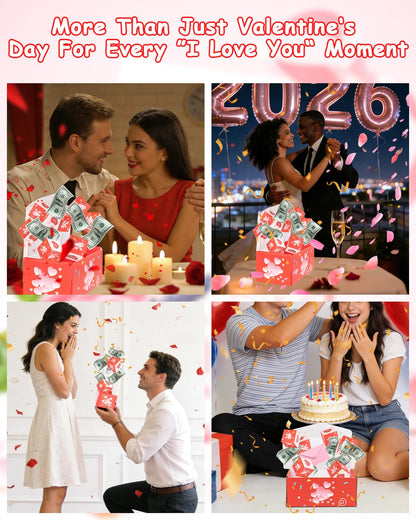 ASSRECT Exploding Gift Box Valentine's Day, Birthday Surprise Box Pop Up with 12 Money Holders, ReusableDate Gift Box for Mom Father Wife Friend Valentine's Day, Confession, Proposal, Cash, Gifts, Birthday, Party supplies (Pink)
