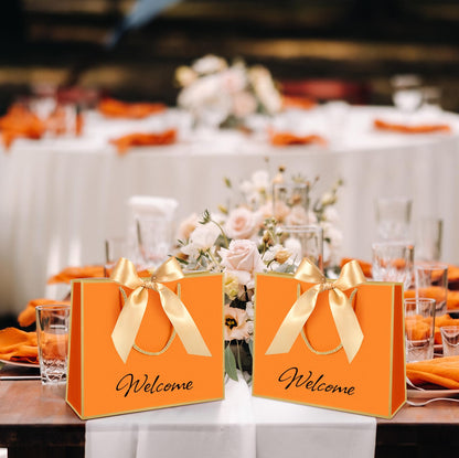 Silkfly 12 Pcs Gift Bags with Handles for Bridesmaid, 12x10x4'' Wedding Welcome Elegant Gift Bags with Bow Ribbon for Graduation Groomsmen Women Baby Shower Birthday Housewarming (Orange,Gold)