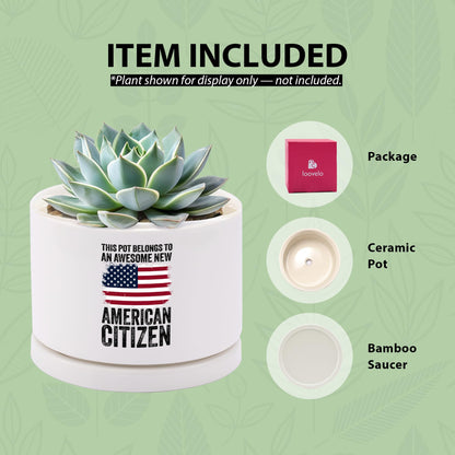 This Pot Belongs to an Awesome New American Citizen Ceramic Succulent Plant Pot with Tray Citizenship Gifts American Flag Plant Lover Gifts Home Decor 3.5 Inch White (No Plants) (With Ceramic Tray)