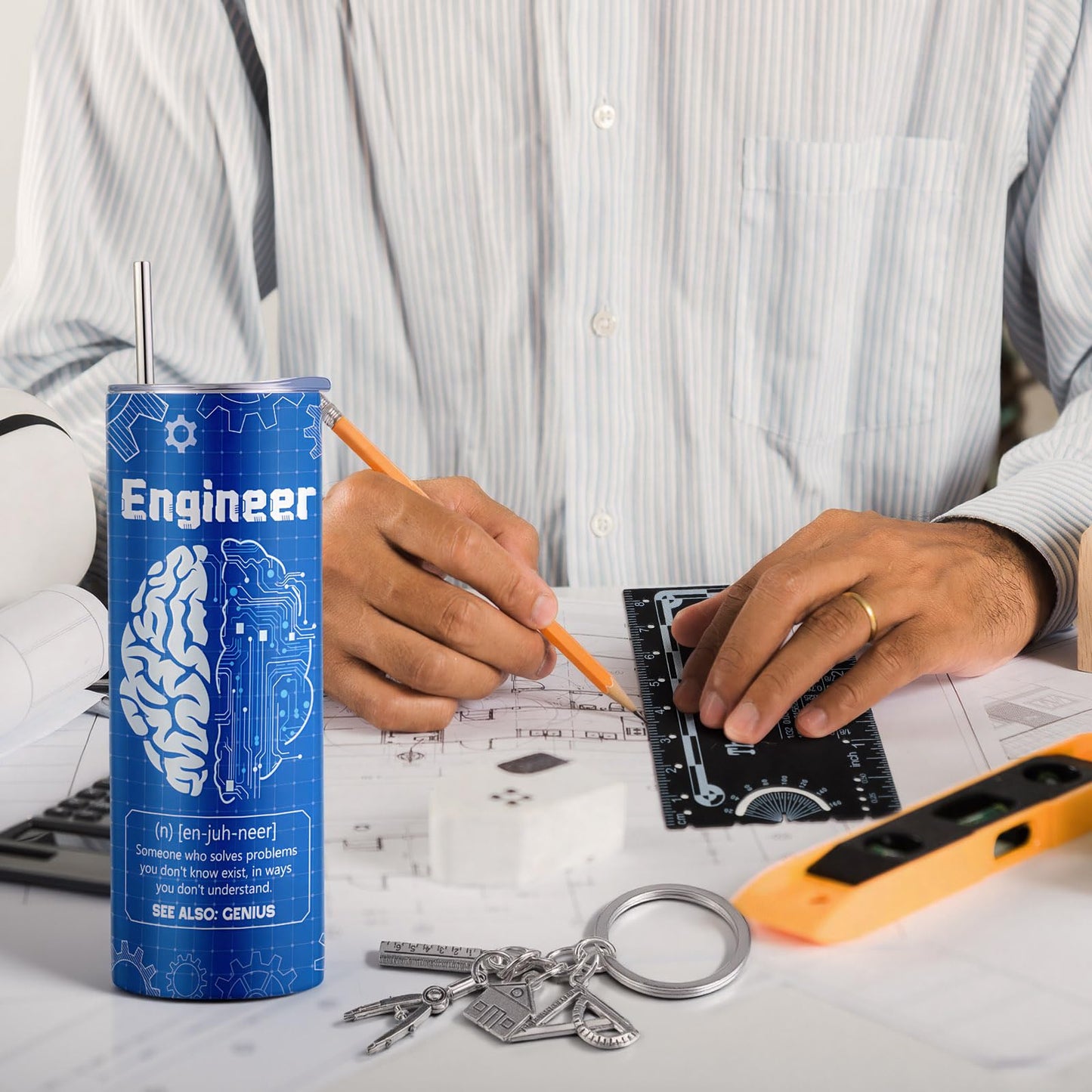Geiserailie 6 Pcs Graduation Engineer Gifts Set for Men Include Tumbler Cup, Engineering Ruler, Socks, Keychain, Greeting Card, Gift Box for Mechanical Engineering Student Retirement Graduation
