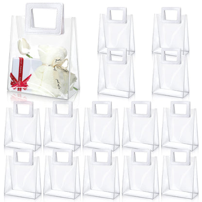 Meanplan 15 Pack Clear Gift Bags with Handles, Reusable Transparent PVC Gift Bags for Gifts, Heavy Duty Plastic Shopping Totes for Birthday, Wedding, Baby Shower, Bridal Party(7 x 8 x 4 Inch,White)