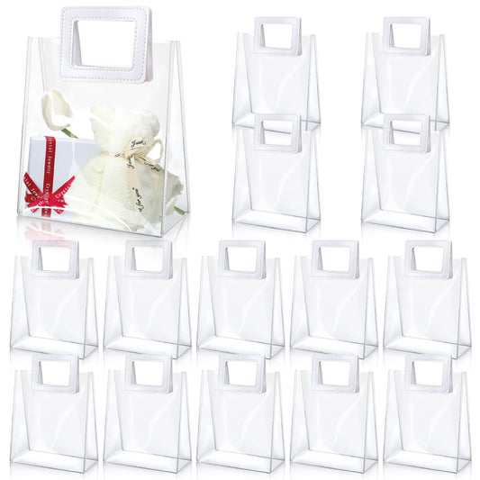 Meanplan 15 Pack Clear Gift Bags with Handles, Reusable Transparent PVC Gift Bags for Gifts, Heavy Duty Plastic Shopping Totes for Birthday, Wedding, Baby Shower, Bridal Party(7 x 8 x 4 Inch,White)