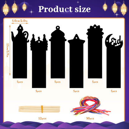 JUNEBRUSHS 30Pcs Ramadan Crafts, Rainbow Magic Ramadan Scratch Bookmarks for amadan Gifts Eid School Classroom Activities Ramadan Arts and Crafts Eid Party Favors
