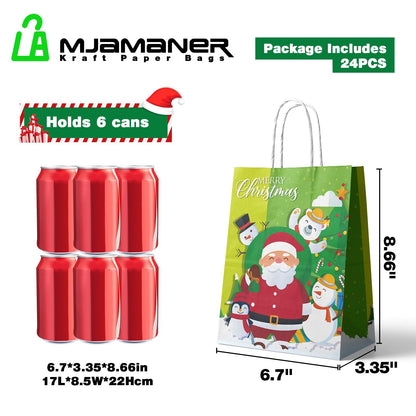 24 Pcs Kraft Gift Bags - Medium Christmas Paper Bags with Handles - Six Holiday Designs for Presents and Party Favors