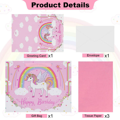 Oletx 13" Pink Unicorn Gift Wrap Paper Bag,Birthday Party Wrapping Bag With Tissue Paper Greeting Card for Women's Party,Mother's Day