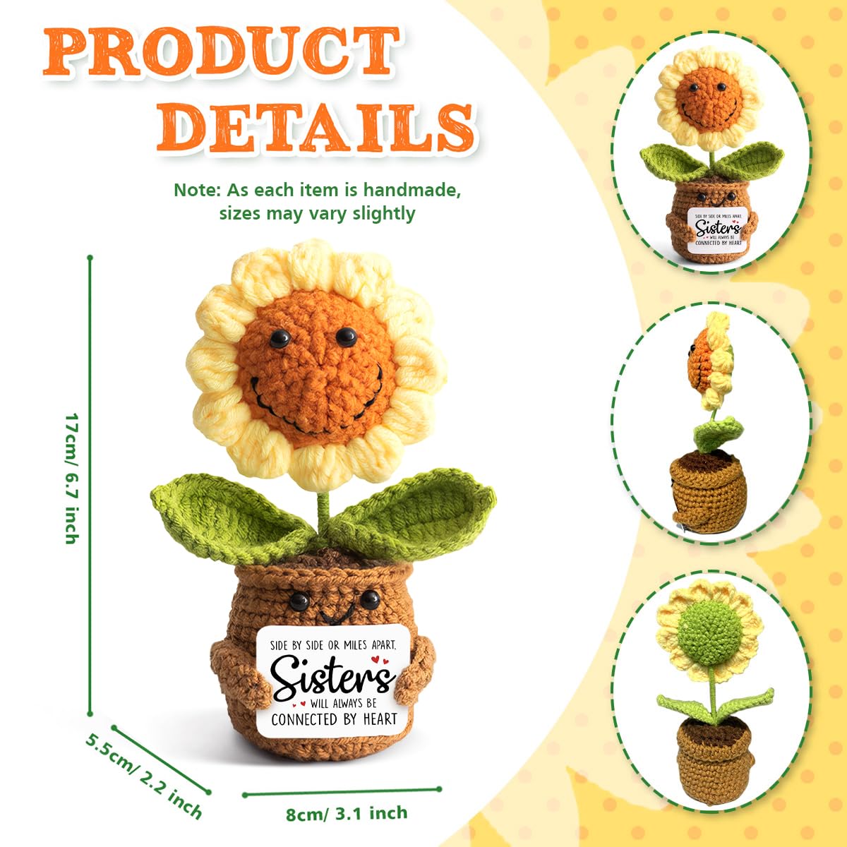 Mothers Day Sister Gifts from Sister - Positive Sunflower Crochet - Side by Side Or Miles Apart Sisters Emotional Support Crochet - Birthday, Graduation, Long Distance Gifts for Women, Soul Sisters
