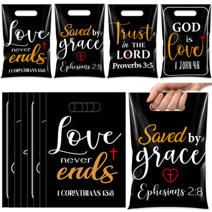 Pasimy 100 Pcs Christian Gift Bags Bulk 6.7 x 9.8 In Plastic Bible Verse Religious Goodie Bags Inspirational Scripture Treat Candy Party Favor Pouch for Church Jesus Birthday Gifts(Black,Elegant)