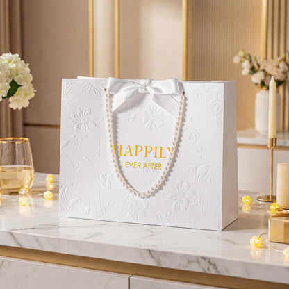 Crisky 13" Embossed Wedding Gift Bag with Pearl Handles, Large Bridal Shower Gift Bag with Greeting Card Tissue Paper Envelopes (Happily Ever After) for Bride, Women, Friends Engagement Party