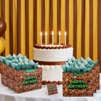 Pixel Birthday Gift Bag, Video Game Theme Party Favor Bag with Greeting Card & Envelope for Birthday Holiday Decoration Party Supplies