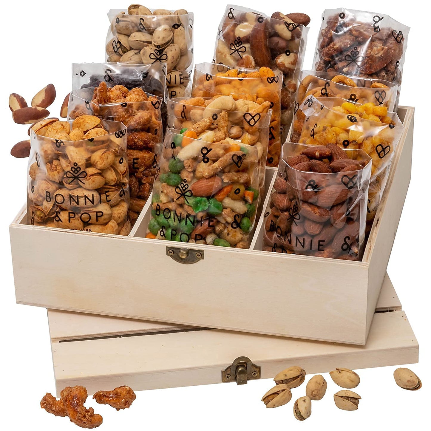 Christmas Nut Gift Basket | Healthy Holiday Gift of Assorted Nuts in Reusable Wood Crate | Large Variety Tray with Unique Flavors | Parties, Holidays, Birthday, Sympathy, Office, Thank You, Him, Her | Bonnie & Pop
