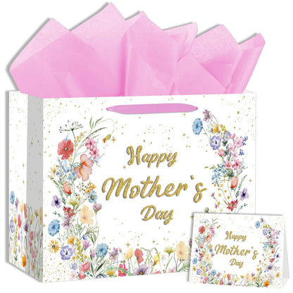 Zliisang Happy Mother’s Day Gift Bag with Tissue Paper and Greeting Card Wildflowers Mother Day Party Favor Bags