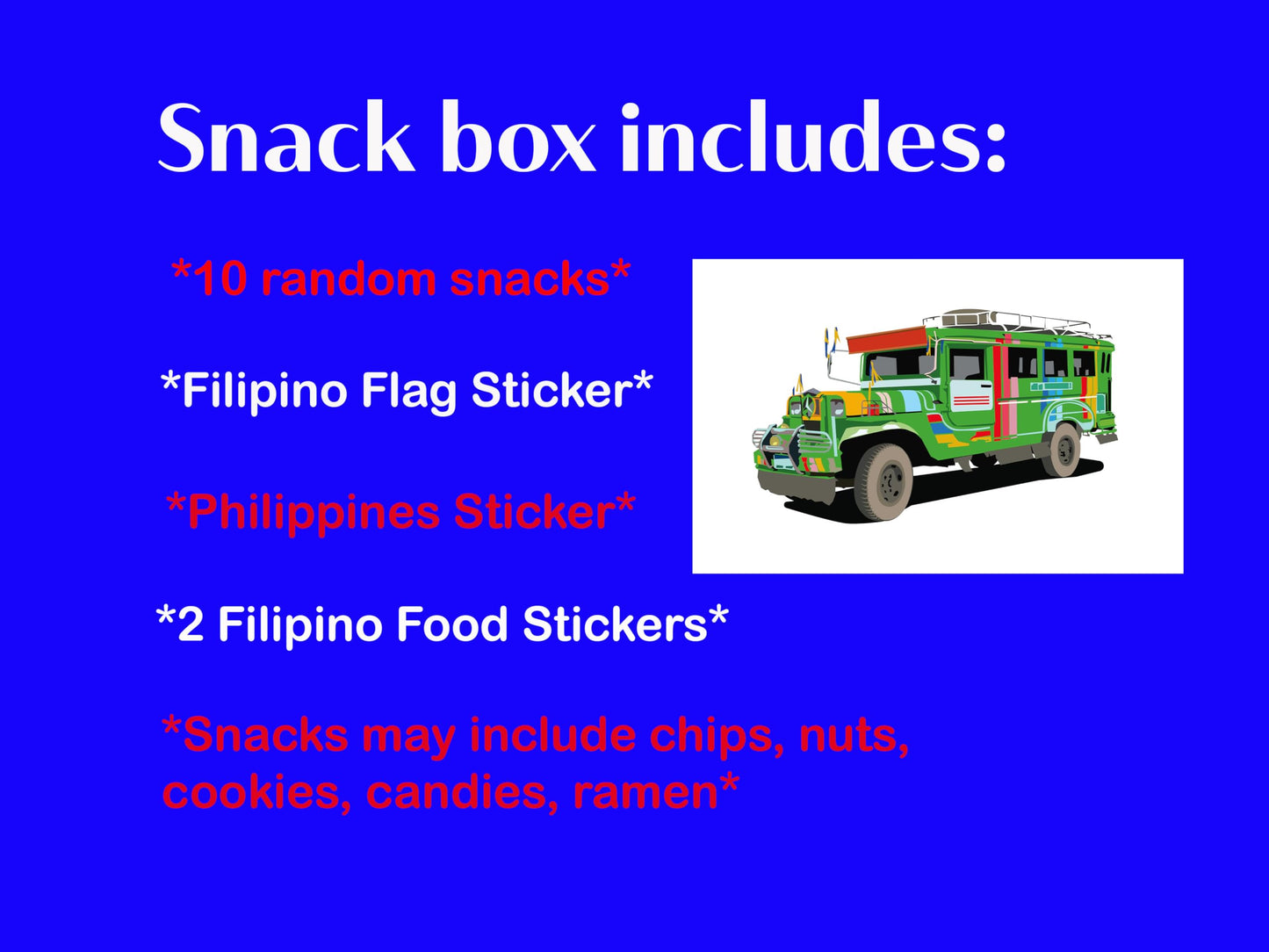 Filipino Snacks Box Variety Pack Assortment of 10 Authentic Food Products like Lucky Me, JackNJill, Skyflakes and more with Philippines Flag and Pride Stickers