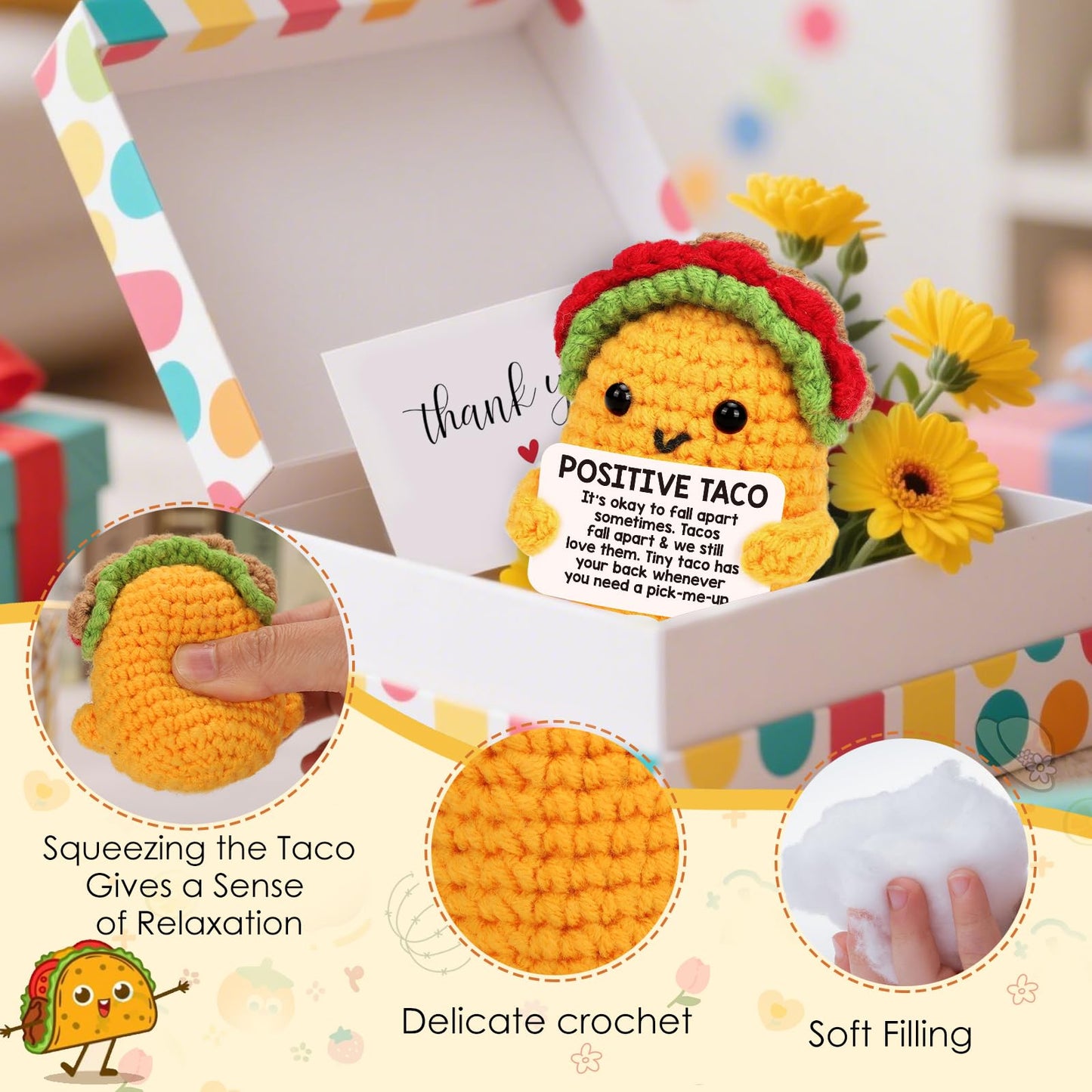 Positive Crochet Taco Birthday Gifts for Women Men Teacher Appreciation Fathers Day Graduation Gift Adult Kids Son Mom Dad Daughter Sister Friend Coworkers Self Care Card Inspirational Support