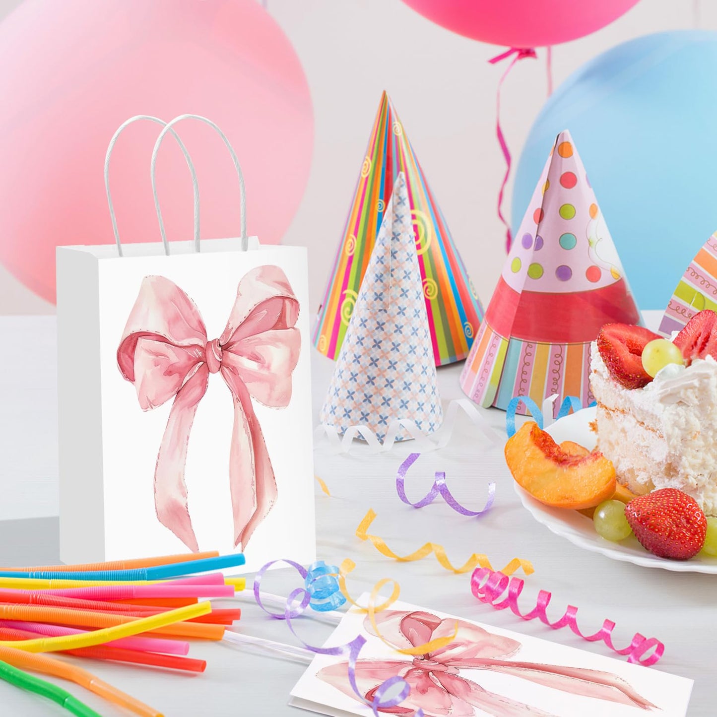 Draupnir 24PCS Coquette Pink Bow Paper Gift Bags, Party Favor Bags, Pink Goodie Bags for Birthday&Bachelorette Party Decoration Coquette Bow Gift Pouches with Handles 8.3x5.9x3.1 Inch