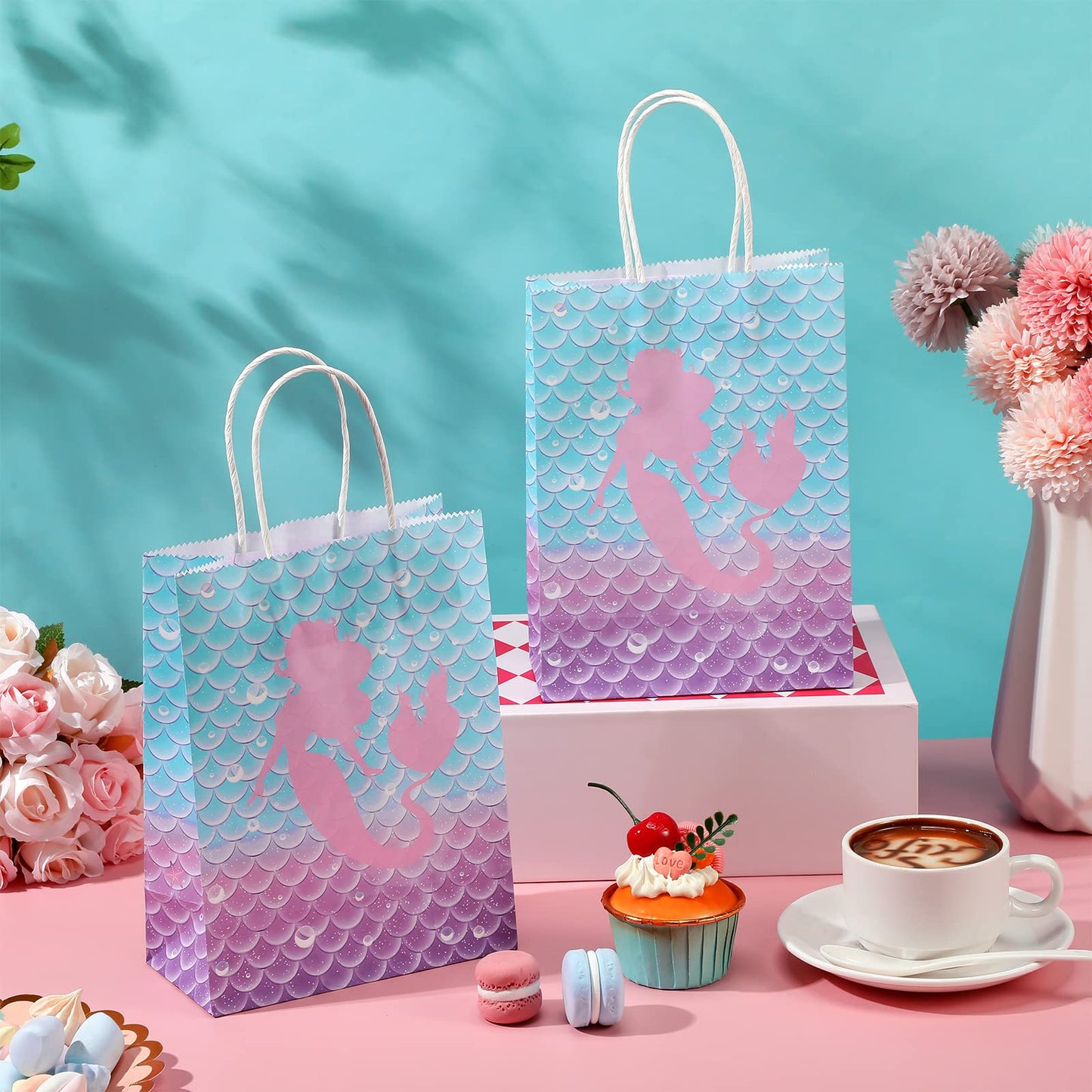 Jectivs 16 Piece Mermaid Birthday Party Favor Bags - Kraft Paper Gift Bags with Handles for Kids' Little Mermaid Themed Baby Shower Party Supplies