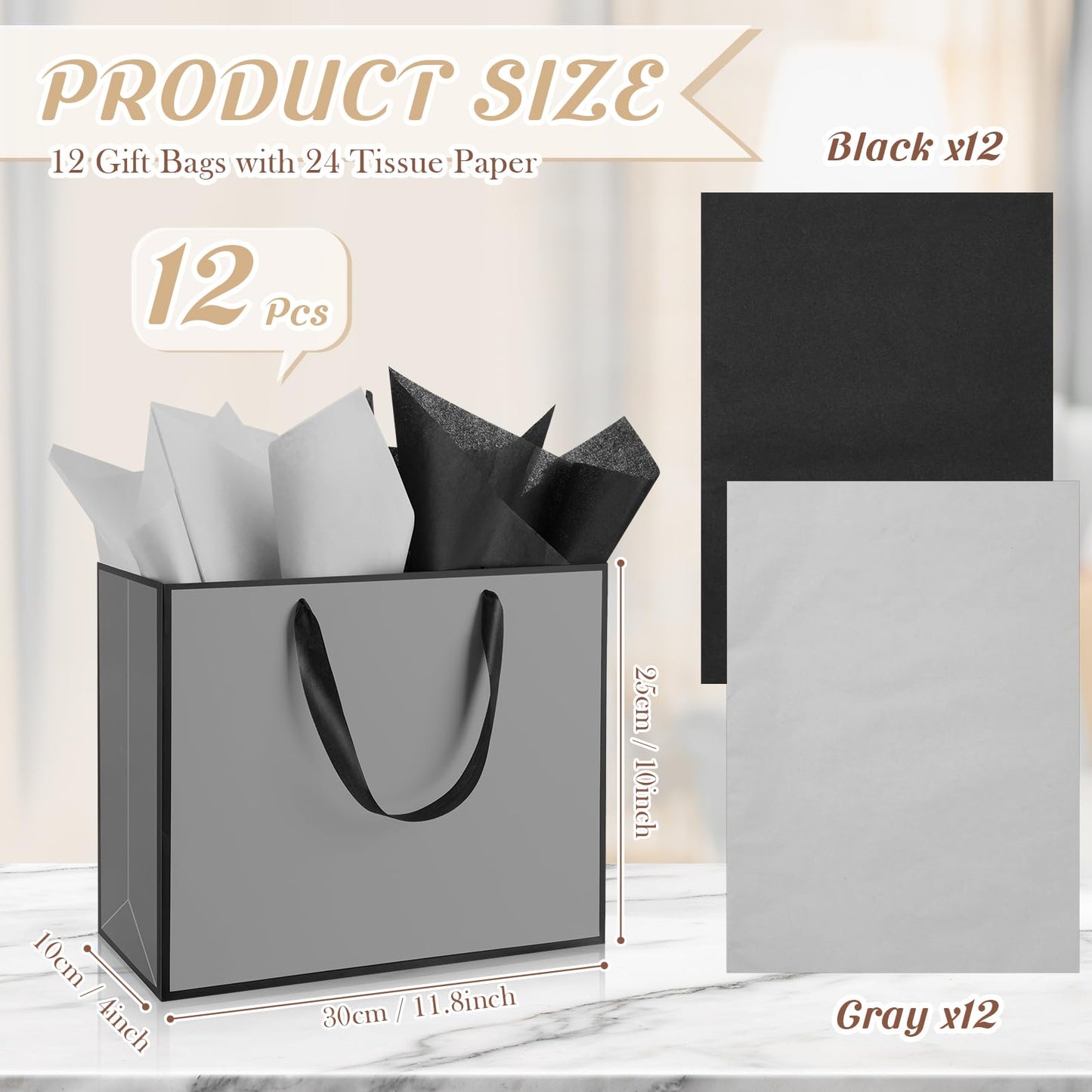 ReliThick 12 Pack Metallic Paper Gift Bag with Handles and Tissue Paper 11.8 x 10 x 4'' Thank You Favor Bag for Graduation Mother's Day Wedding Bridesmaid Groomsman 5 Senses Gifts (Gray,Black)