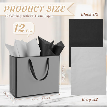 ReliThick 12 Pack Metallic Paper Gift Bag with Handles and Tissue Paper 11.8 x 10 x 4'' Thank You Favor Bag for Graduation Mother's Day Wedding Bridesmaid Groomsman 5 Senses Gifts (Gray,Black)