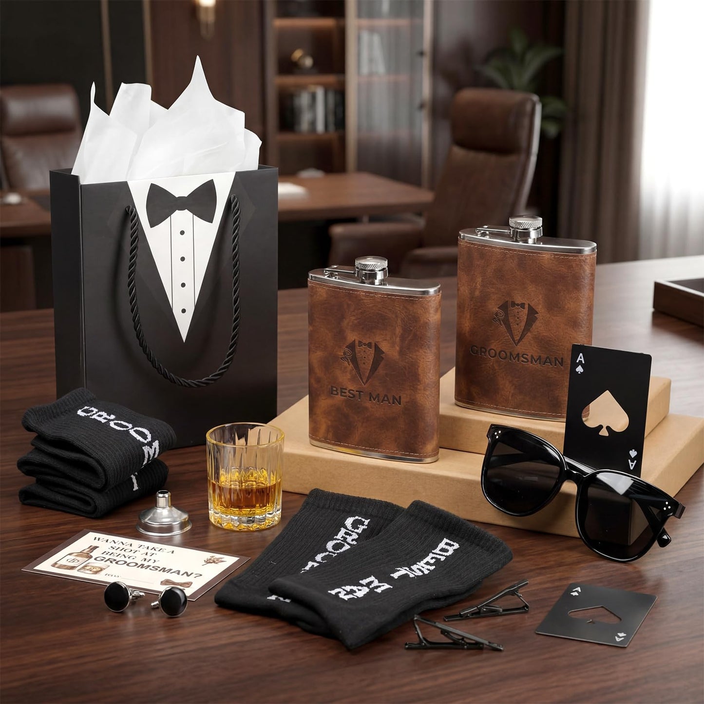 80 Pcs Groomsmen Gifts Set of 8,Groomsmen Proposal Box Gifts with Flasks Shot Glasses Socks Cuff Collar Clip Sunglasses Bottle Opener for Wedding Grooms Men Best Man Bachelor Party Favors