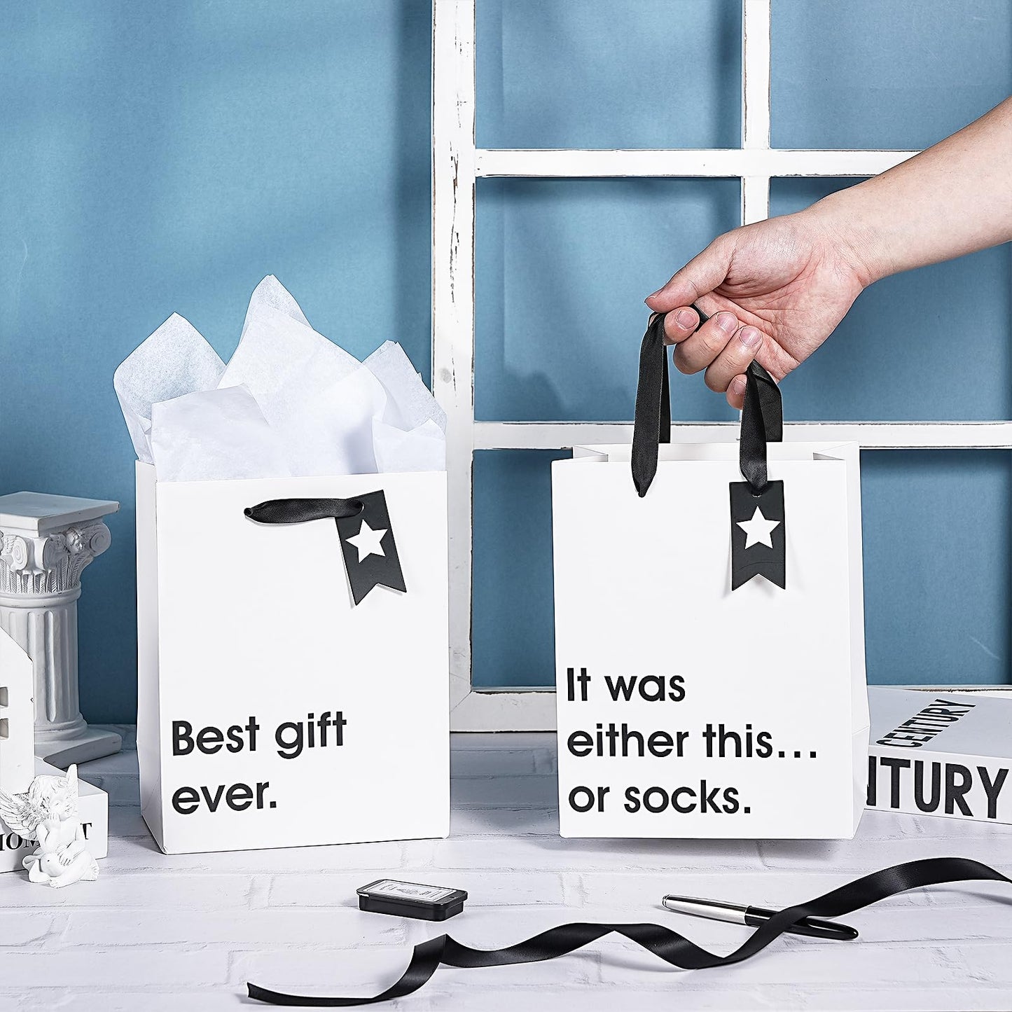 Loveinside Christmas Medium Size Gift Bags Set, Funny Quirky Design with Bold Black Text Pattern with Tissue Paper Perfect for Shopping, Parties, Birthday, Holiday, 4 Pack, 7" X 4" X 9"