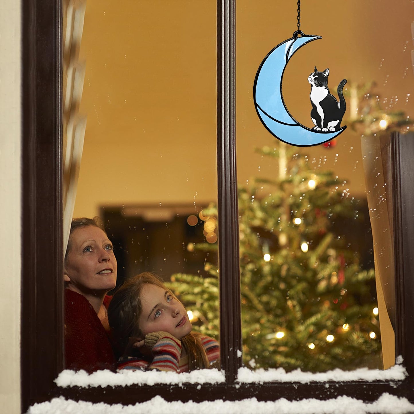 Black and White Cat Moon Suncatcher - Cat Loss Sympathy Gift, Tuxedo Stained Glass Hanging Ornament for Memorial Home Decor