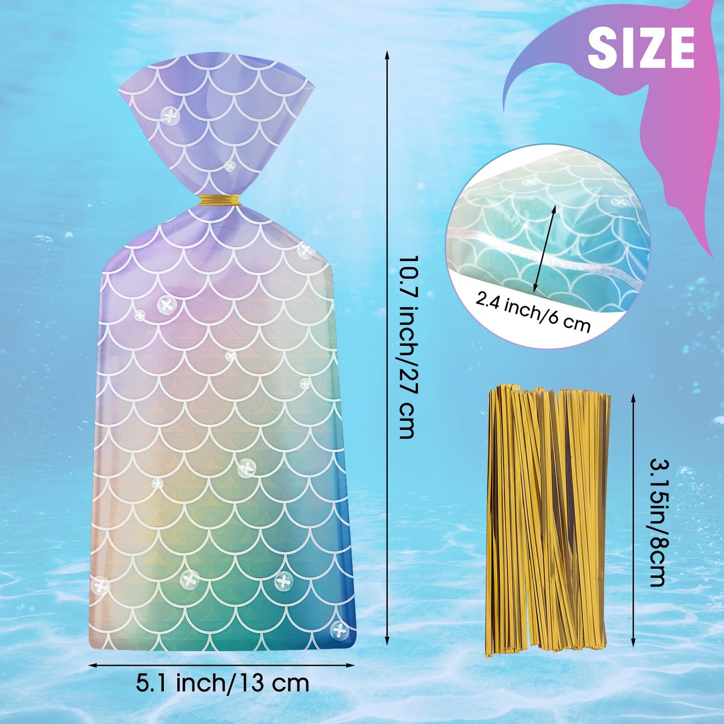 50 Pack Mermaid Goodie Bags - Ocean Mermaids Party Favor Bags, Little Mermaid Cello Cellophane Gift Candy Treat Bag with 50Pcs Twist Ties for Kids Girls Mermaids Themed Birthday Party Supplies Favors