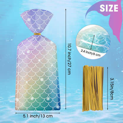 50 Pack Mermaid Goodie Bags - Ocean Mermaids Party Favor Bags, Little Mermaid Cello Cellophane Gift Candy Treat Bag with 50Pcs Twist Ties for Kids Girls Mermaids Themed Birthday Party Supplies Favors