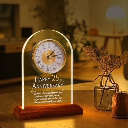 OkiyiD Light Up 25th Anniversary Wedding Gifts Quartz Clock with Wooden Base,25 Years Silver Wedding for Couple,Parents,Soft Warm White Lighting 25th Anniversary Decoration Gifts
