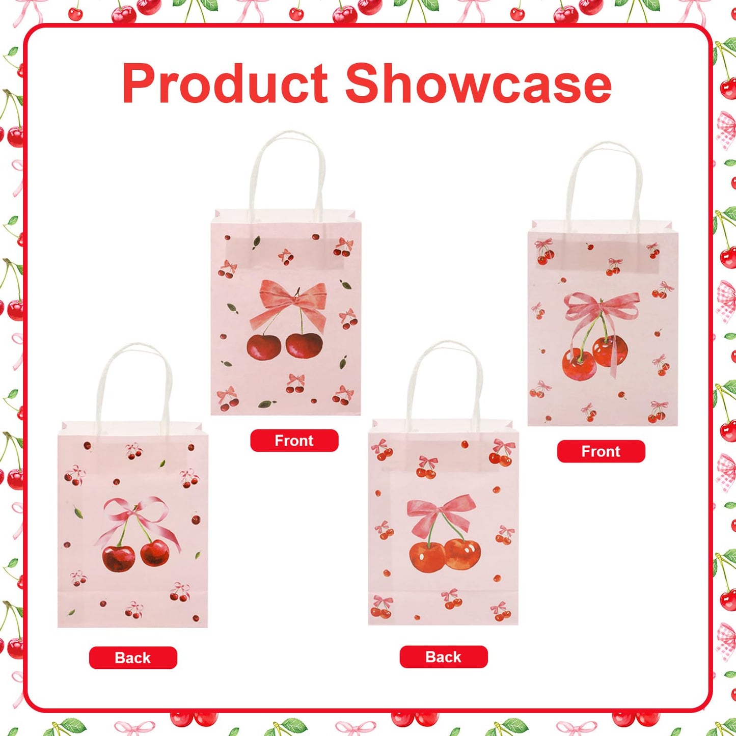 12pcs Cherry Gift Bag, Pink Bow Medium Gift Bags with Tissue Paper, Cherry Party Decorations for Birthday Bridal Shower Baby Shower Wedding Party Favor Bags (8.27 x 6.3 x 3.15 inch)