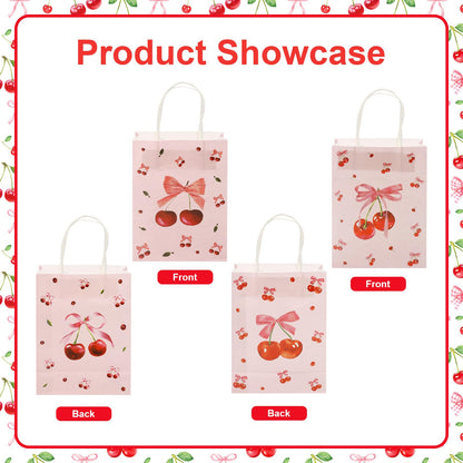 12pcs Cherry Gift Bag, Pink Bow Medium Gift Bags with Tissue Paper, Cherry Party Decorations for Birthday Bridal Shower Baby Shower Wedding Party Favor Bags (8.27 x 6.3 x 3.15 inch)