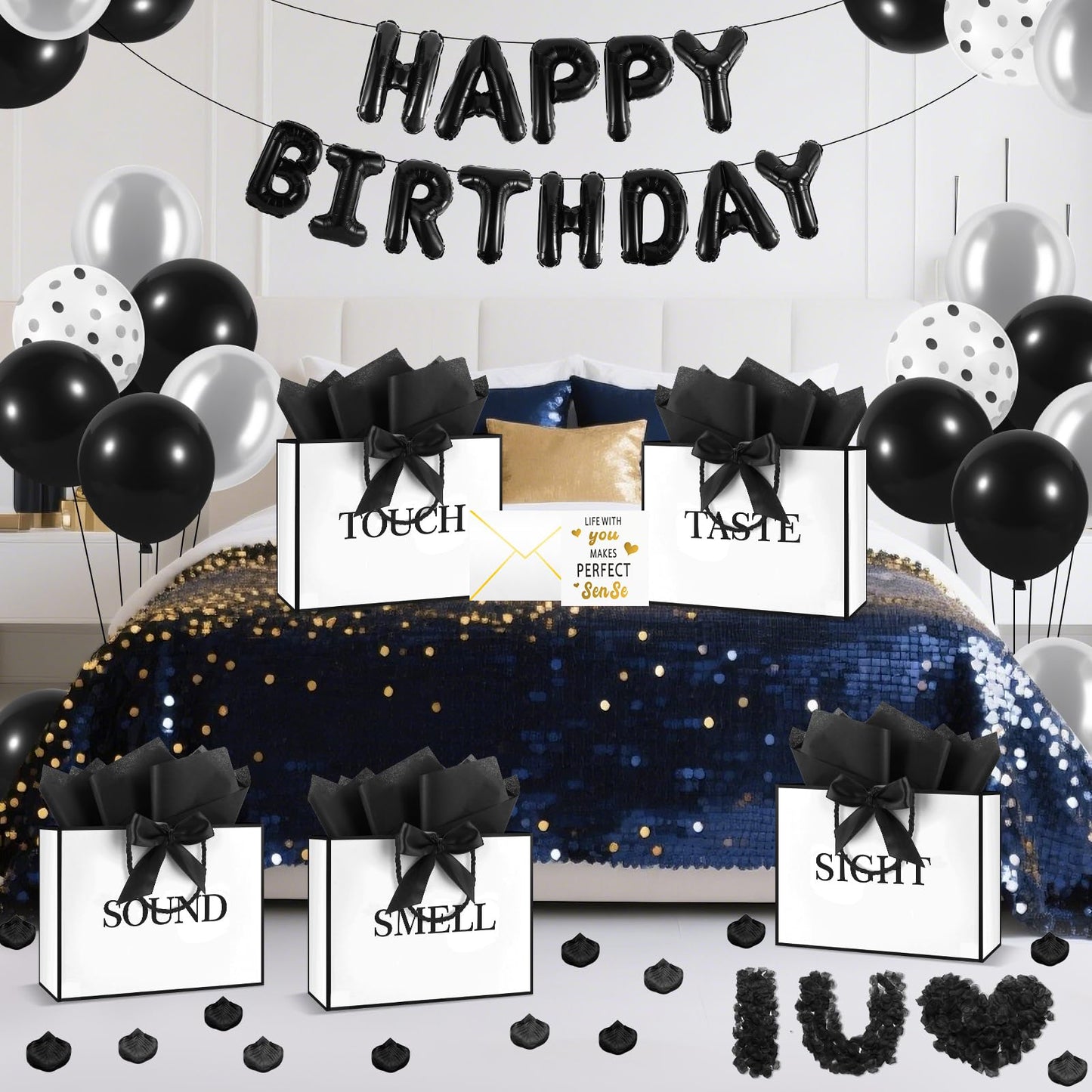 Epoesch 5 Senses Gift Bags for Him with Labels, Tissue Paper & Bow Ribbon | Happy Birthday Decorations Kit with Banner,Balloons, Rose Petals, Envelope, Card for Men, Women and Her (White with black trim)