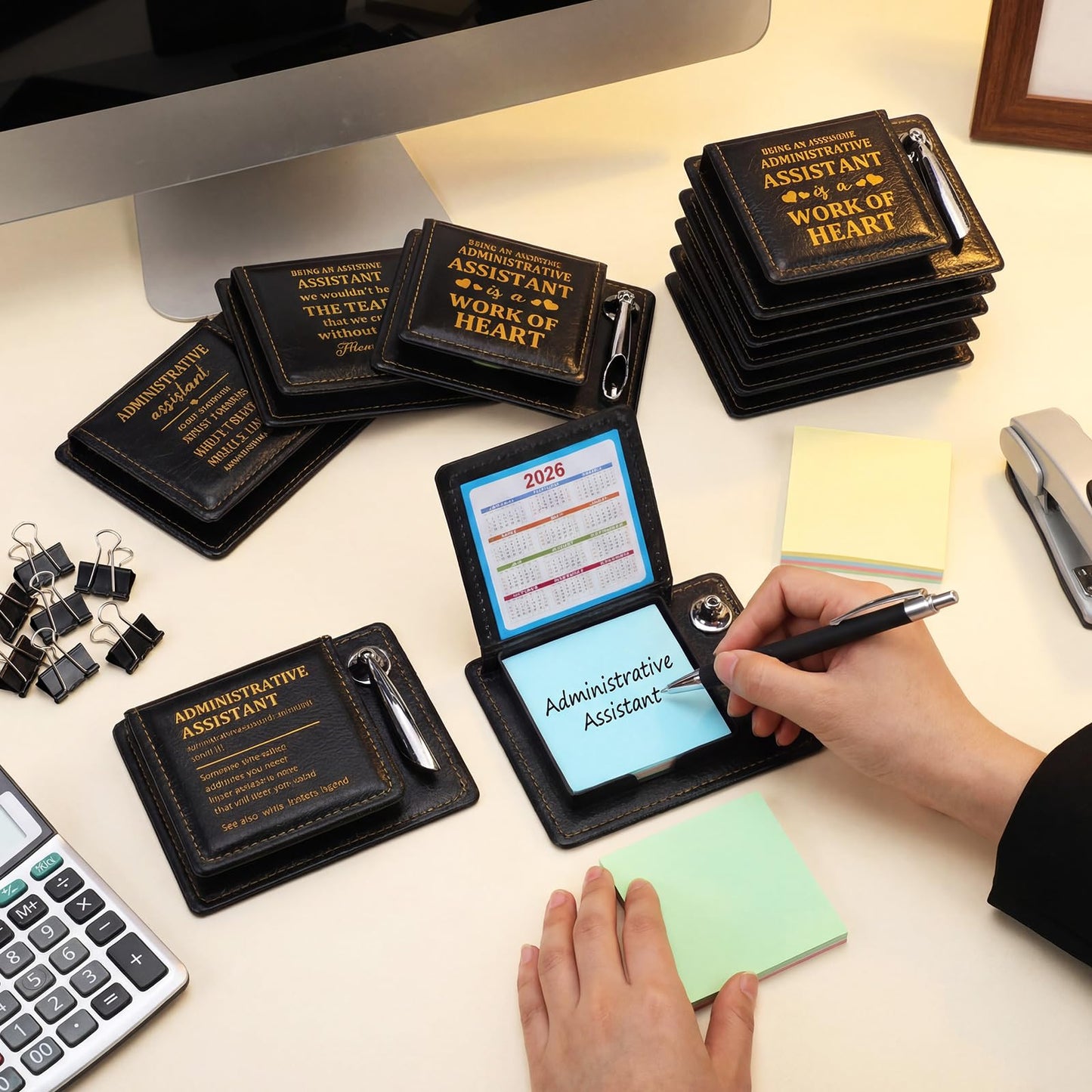 Crtiin 10 Set Administrative Assistant Gifts Secretary Gifts Sticky Note Holders with Sticky Notepads PU Leather Memo Box with Calendar Pen Holder Secretary Admin Professional Day Gift for Office Desk