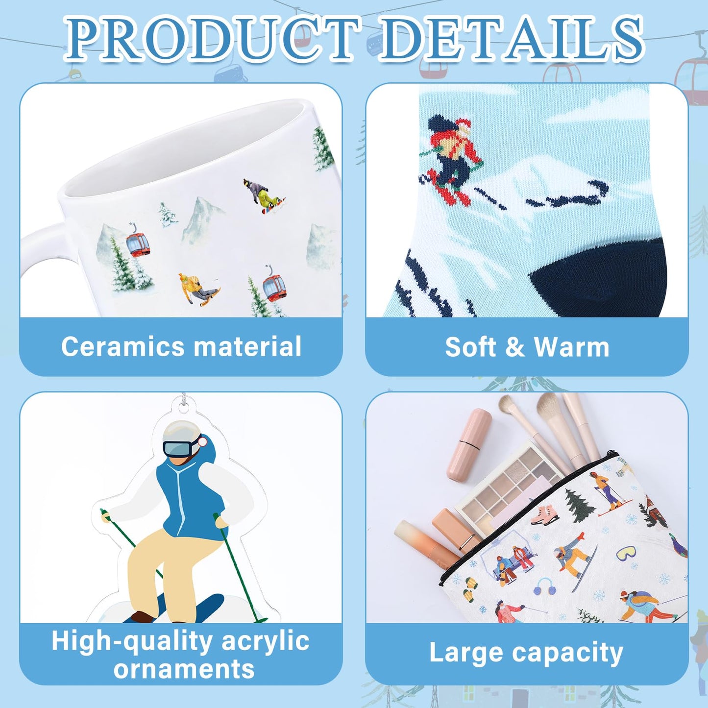 Potchen 6 Pcs Ski Gifts Set Winter Skiing Ceramic Mug, Socks for Skiers, Makeup Bag, Card, Acrylic Christmas Ornament and Box Skiing Accessories for Ski Lovers Women Men Snowboarder