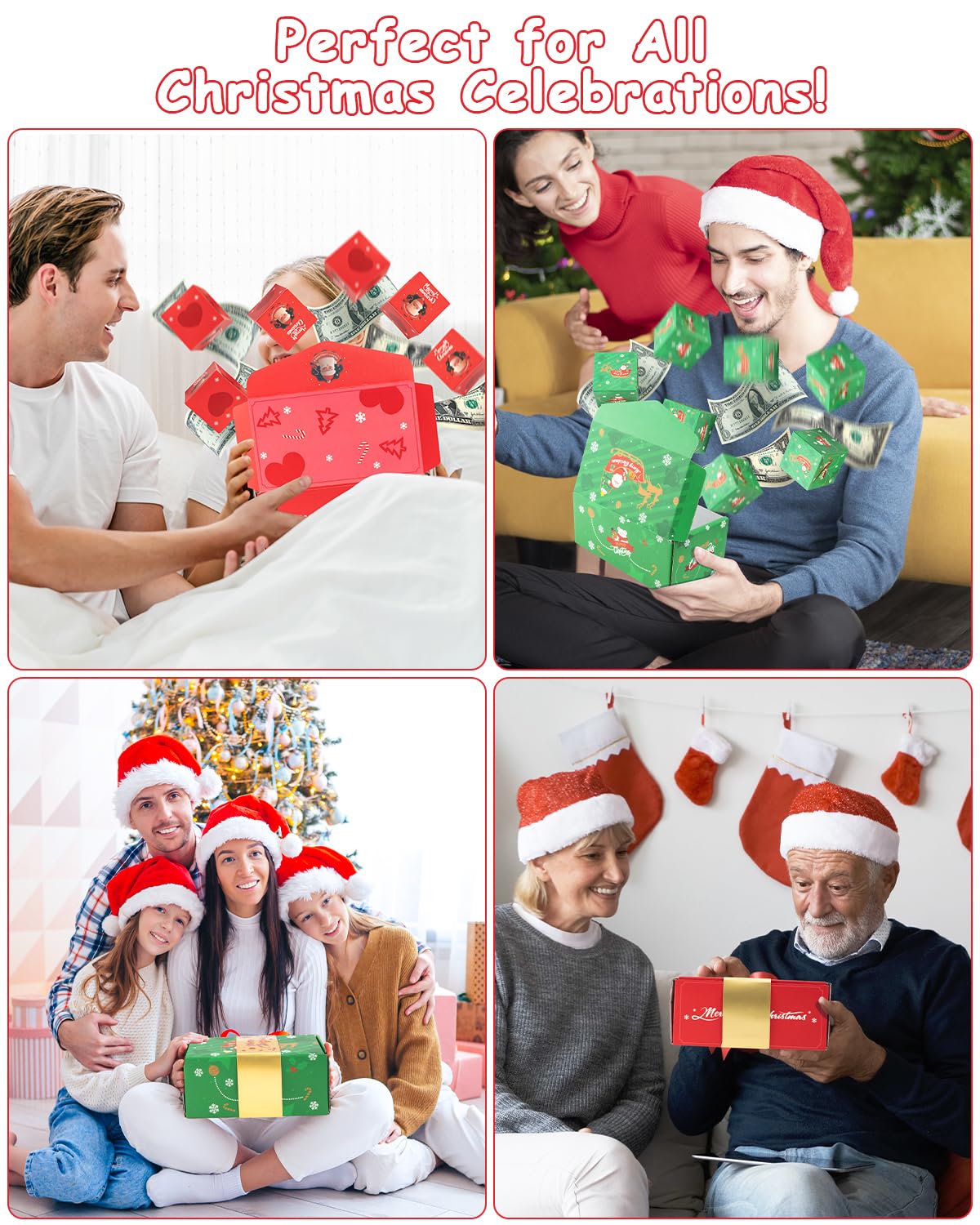 ASSRECT 2 pcs Exploding Gift Box - Christmas Surprise Box Pop Up with 24 Money Holders, Reusable Party Gift Box for Cash, Gifts, Xmas, Birthday, Party Supplies (Red+Green)