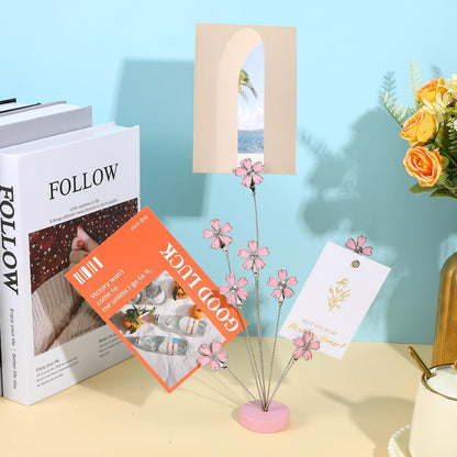 8 Branch Photo Tree Holder, Pink Cherry Blossom Gift Card Display Stand with Clips for Pictures, Memo Notes, Office Home Desk Décor