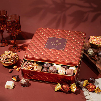 Gourmet Chocolate & Nut Gift Basket – Assorted Individually Wrapped Chocolates, Truffles, Cashews, Peanuts & Salty Nut Mix – Keepsake Gift Tin for Easter, Birthdays, Corporate, Family & Holiday Gifting- Bonnie and Pop