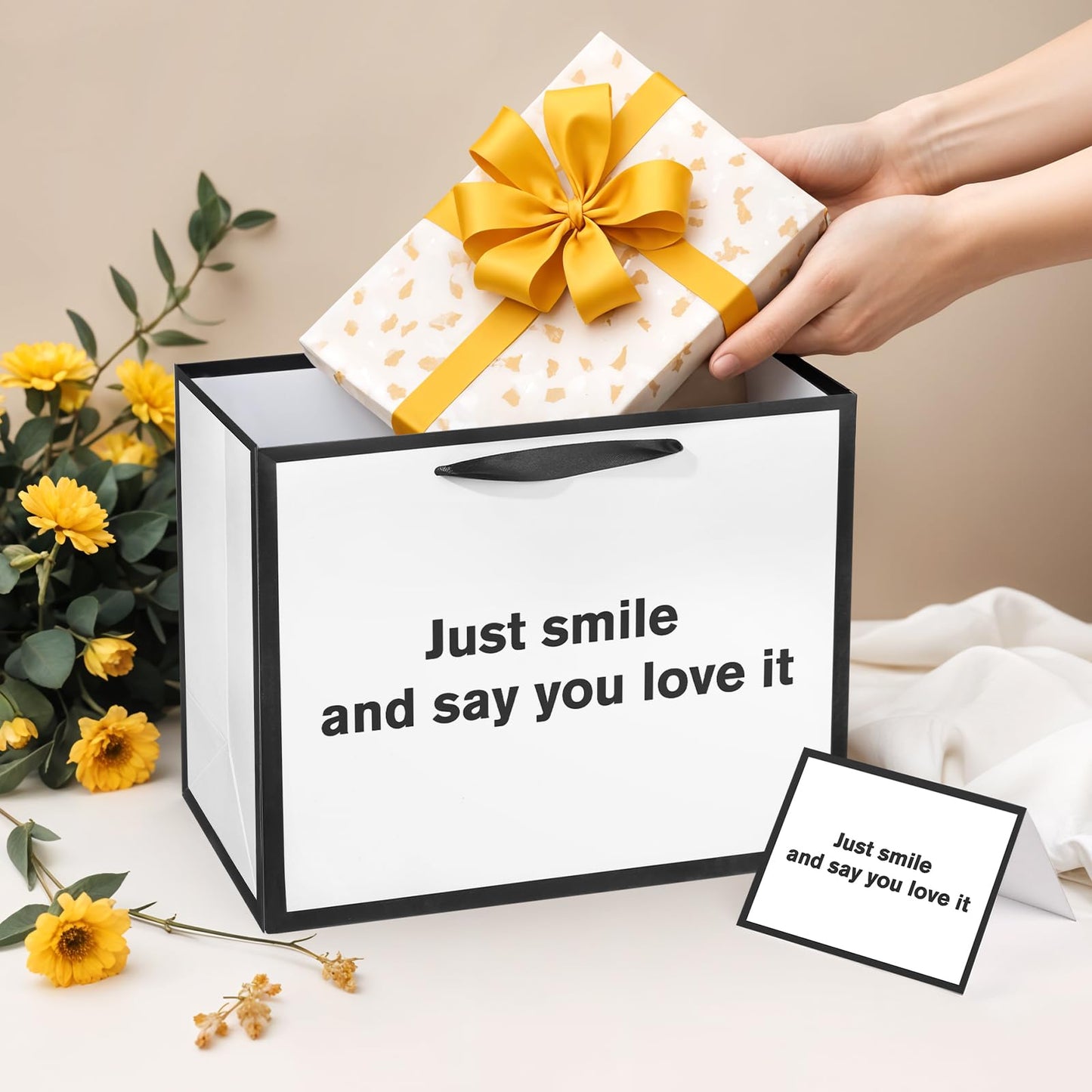 White Funny Gift Bag Just Smile and Say You Love It Gag Gift Bag with Tissue Paper and Greeting Card Inappropriate Snarky Funny Birthday Gift Wrapping Bags for Office Coworker Best Friend Men Women