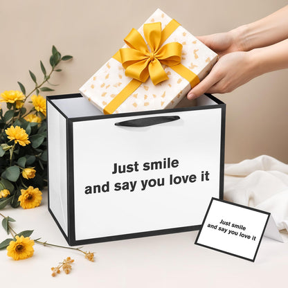White Funny Gift Bag Just Smile and Say You Love It Gag Gift Bag with Tissue Paper and Greeting Card Inappropriate Snarky Funny Birthday Gift Wrapping Bags for Office Coworker Best Friend Men Women