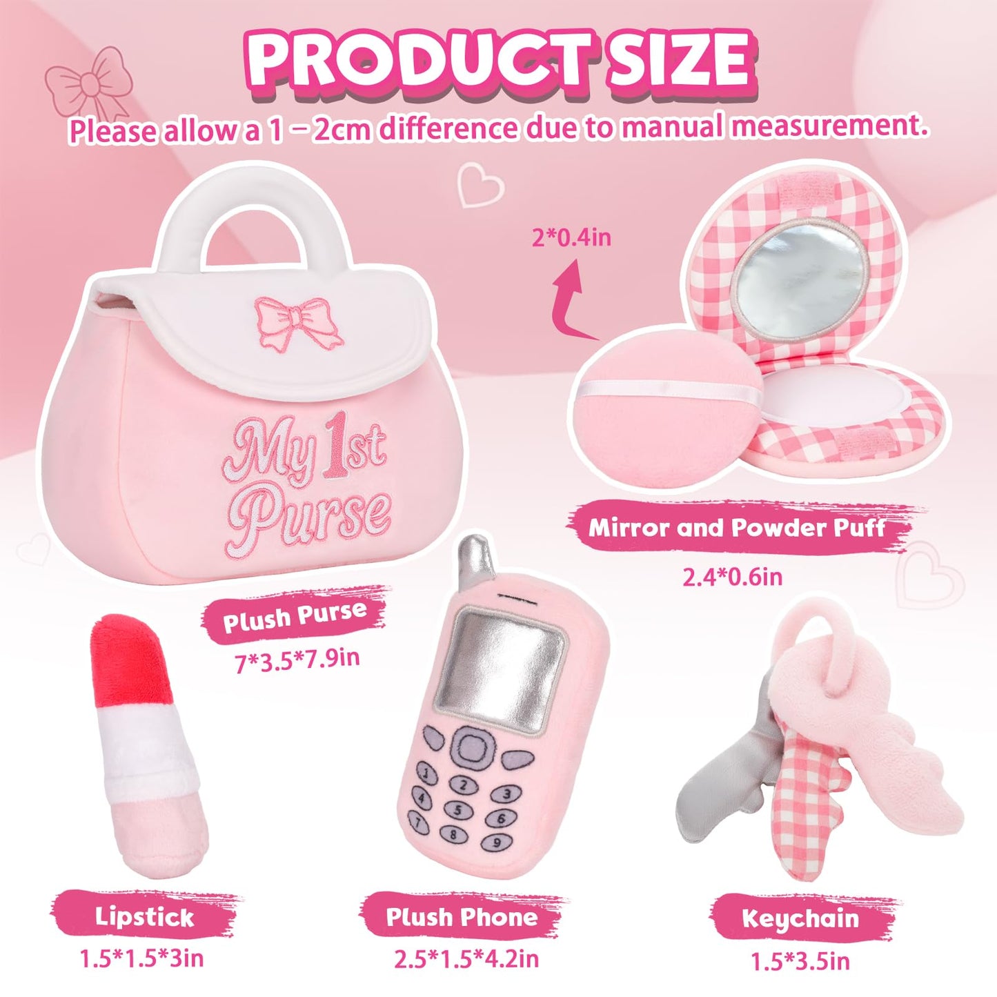 My 1st Purse Plush Toy Set – 5 PCS Sensory Toddler Purse for Little Girls Including Phone, Lipstick, Keys & Mirror, First Birthday Gift for Baby Toddler Girl Ages 1-3 (Pink)