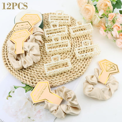 Bridesmaid Proposal Gifts, 12 PCS Bridesmaids Silk Hair Scrunchies & Pearl Hair Clips Set for Women Bachelorette Party Favors Bridal Shower Favors Bridesmaids Gifts for Wedding Day (Champagne Gold)