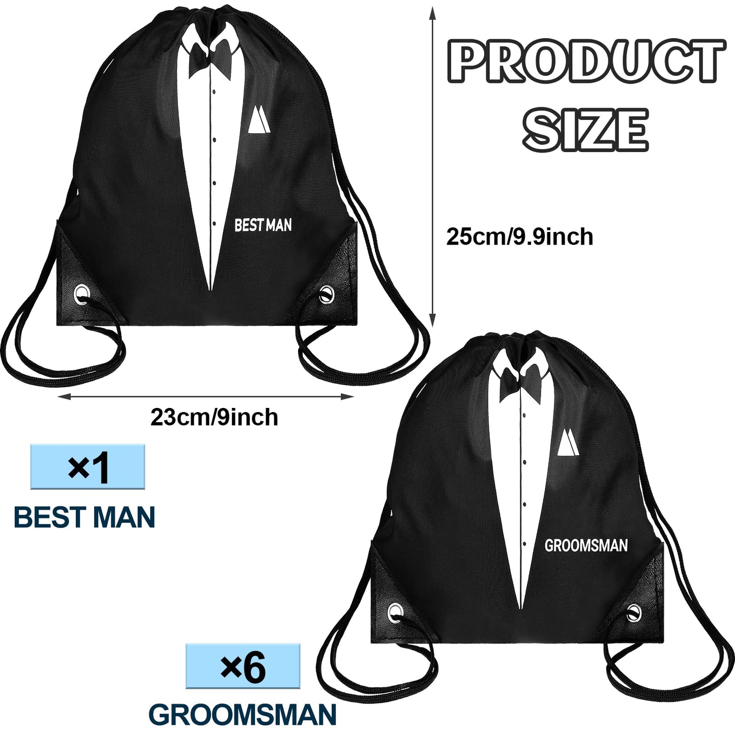 Shappy 7 Pack 9 x 9.9 Inches Groomsmen Gifts Bags for Wedding Party Favor Bags with Drawstring Black Bachelor Present Set for Groomsman Proposal Father's Birthday Anniversary Boss Party Supplies