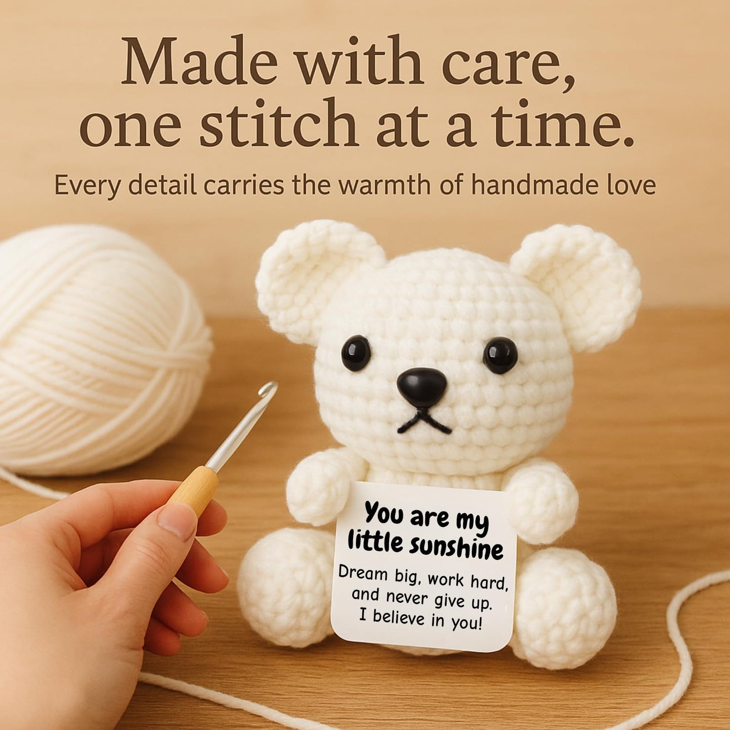 DEYBA Handmade Crochet Bear with Inspirational Message Card – Warmth Series – Thoughtful Encouragement for Friends, Kids & Loved Ones, Perfect for Holidays or Special Occasions