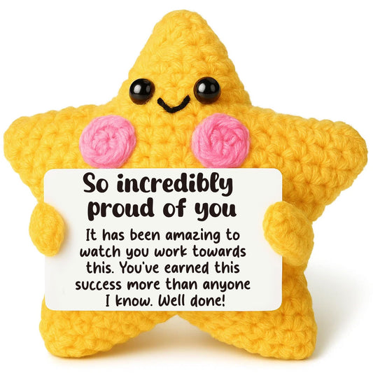 Congratulations Gift for Men Women - Crocheted Star with Motivational Message - Proud of You, Graduation, New Job, Promotion Gift for Son Daughter Friend - Unique Encouragement Keepsake & Desk Decor